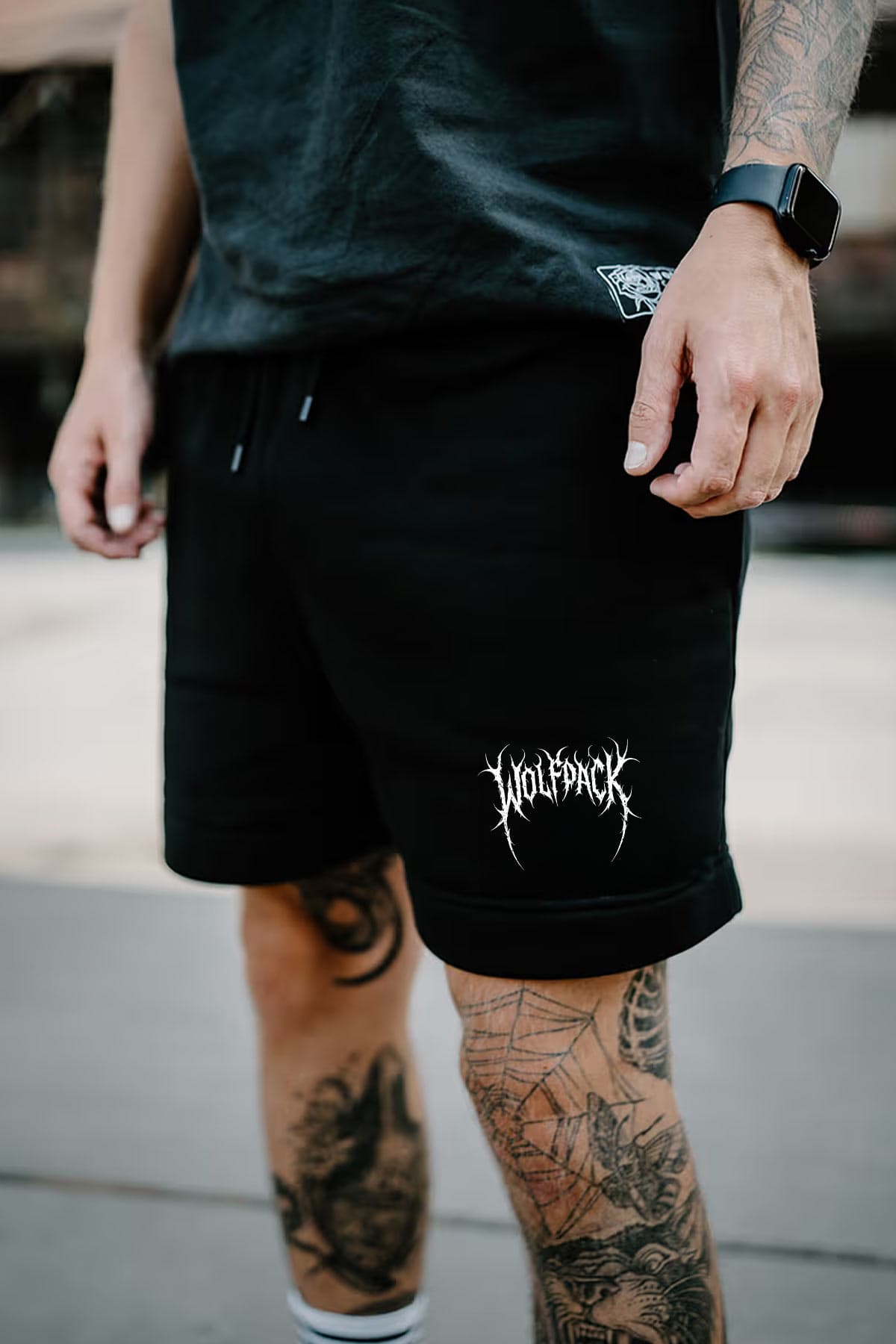 Black shorts with METAL TRACK SHORTS print - Wolfpack Clothing