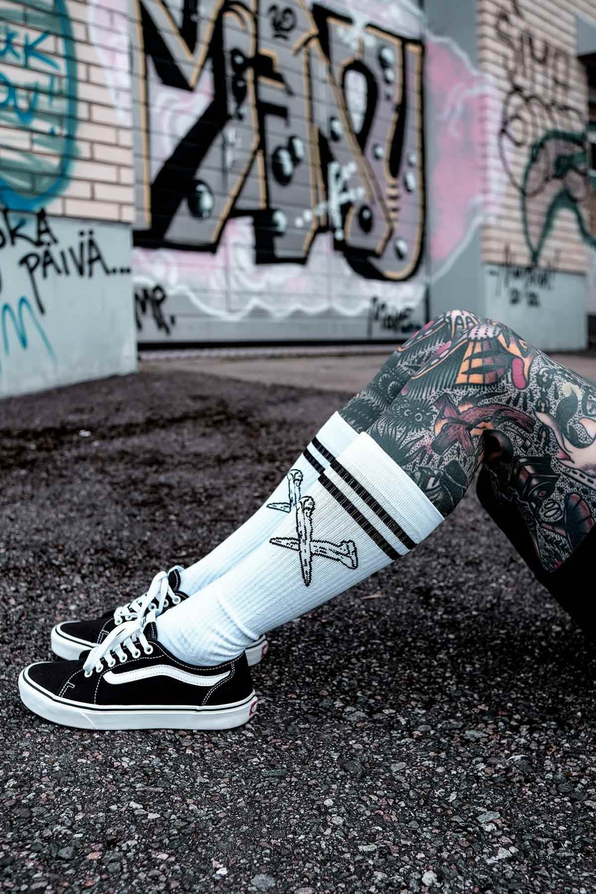White socks with METAL SOCKS - KNEE HIGH print - Wolfpack Clothing
