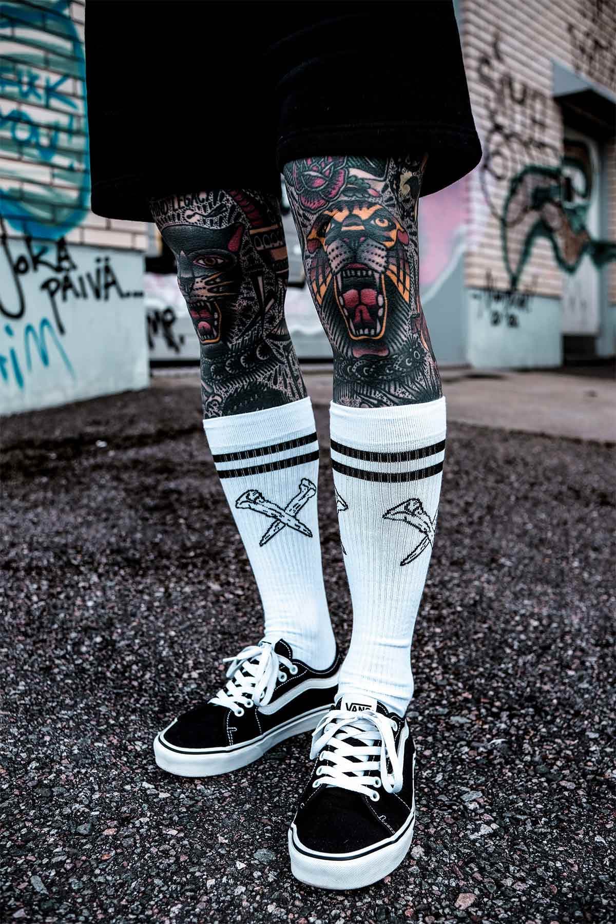 White socks with METAL SOCKS - KNEE HIGH print - Wolfpack Clothing