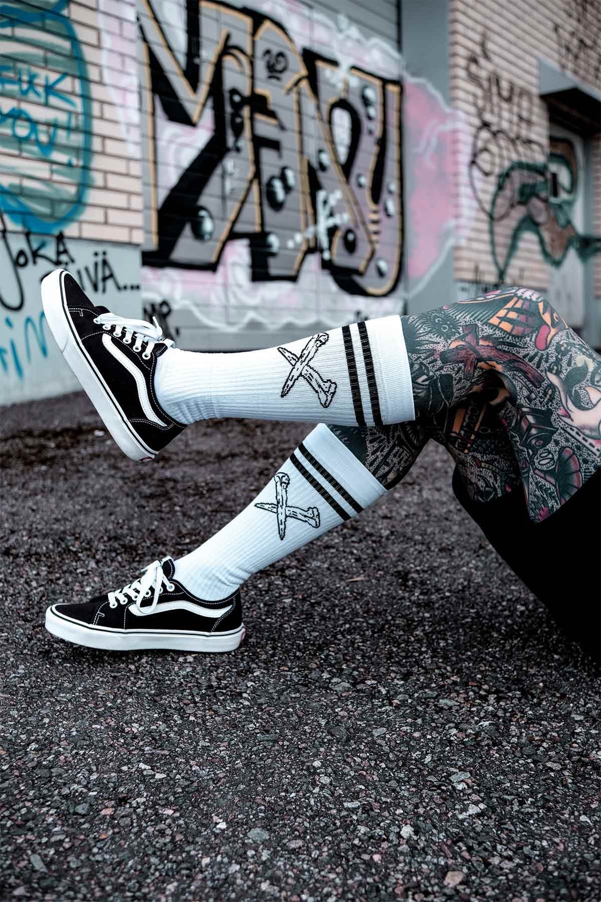 White socks with METAL SOCKS - KNEE HIGH print - Wolfpack Clothing