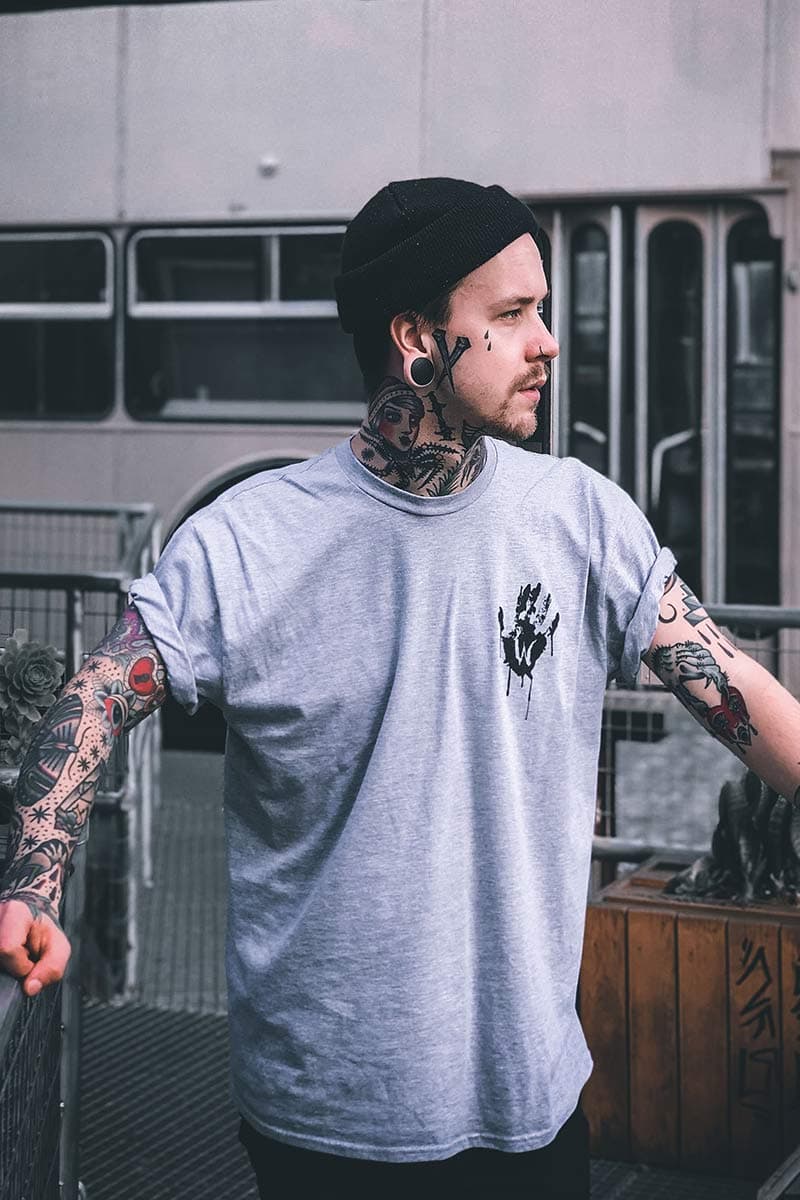 Grey t-shirt with WOLF MOTEL TEE UNISEX print - Wolfpack Clothing