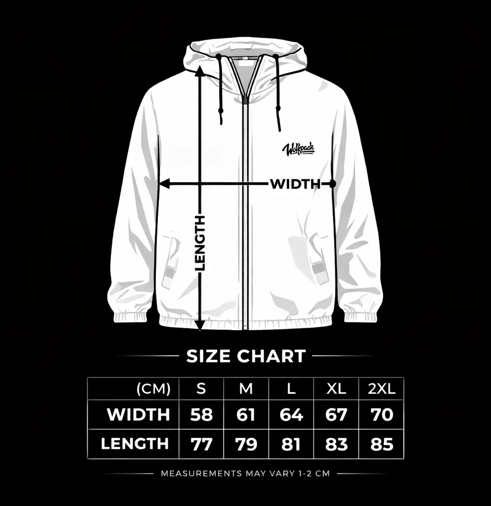 WOLFPACK WINDBREAKER UNISEX size chart